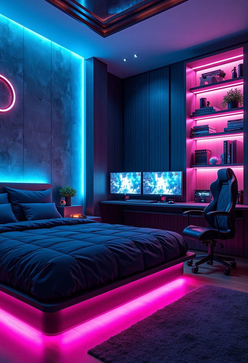 Cyberpunk Neon Bedroom-Study Hybrid