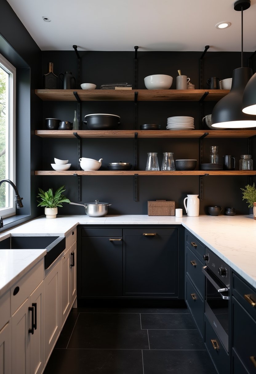 High-Contrast Black and White Open Shelving