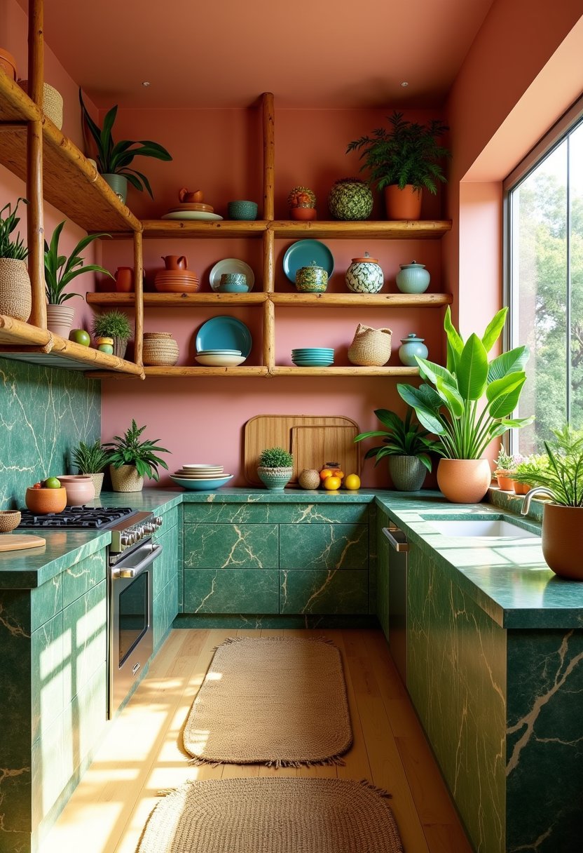 Tropical-Inspired Open Shelving