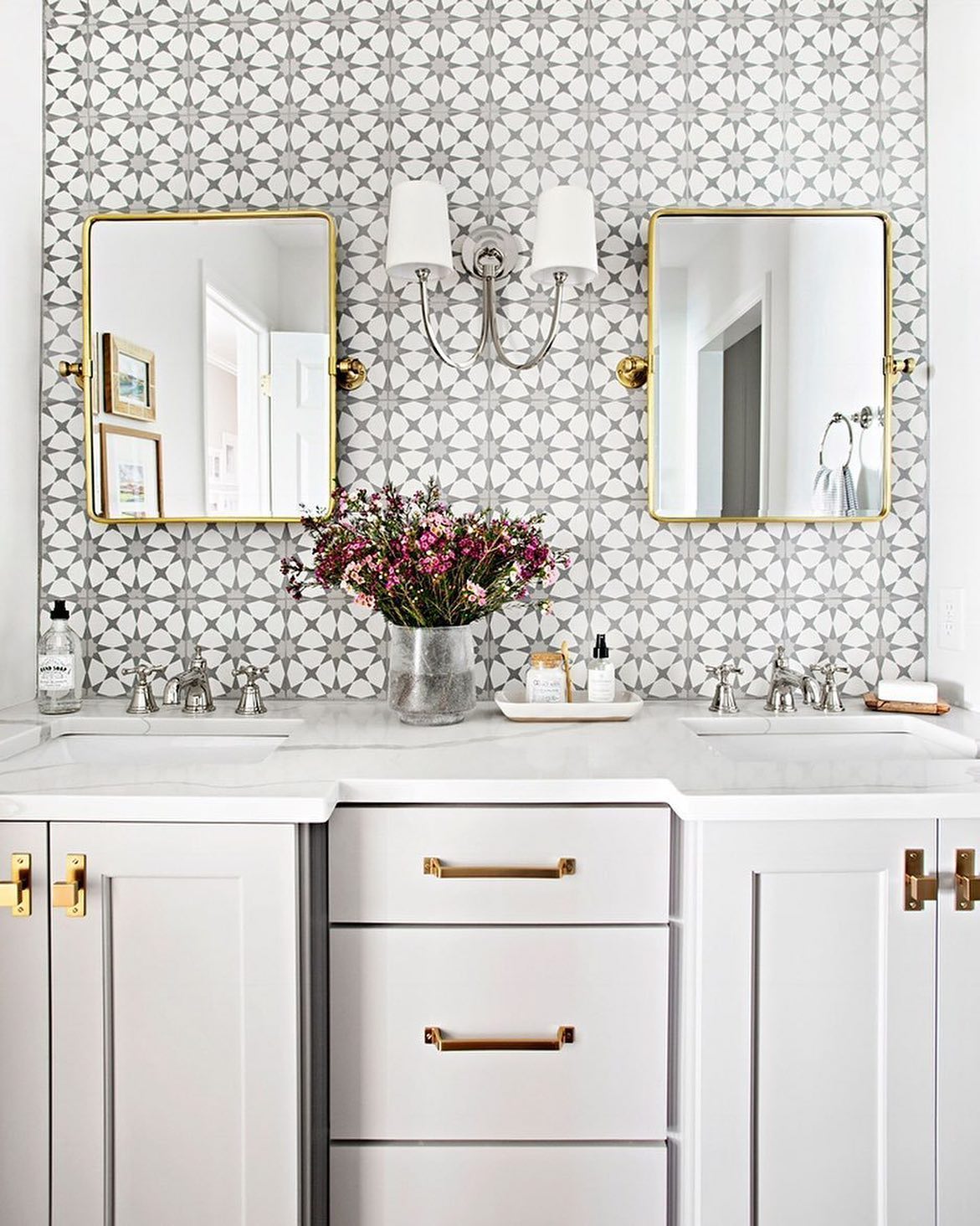 10. Whimsical Geometry Meets Luxe Gold: Elevating the Everyday Bathroom