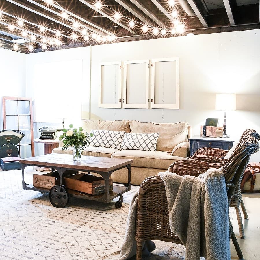23. Starry Night Vibes: Elevate Your Basement with Magical Fairy Light Ceilings