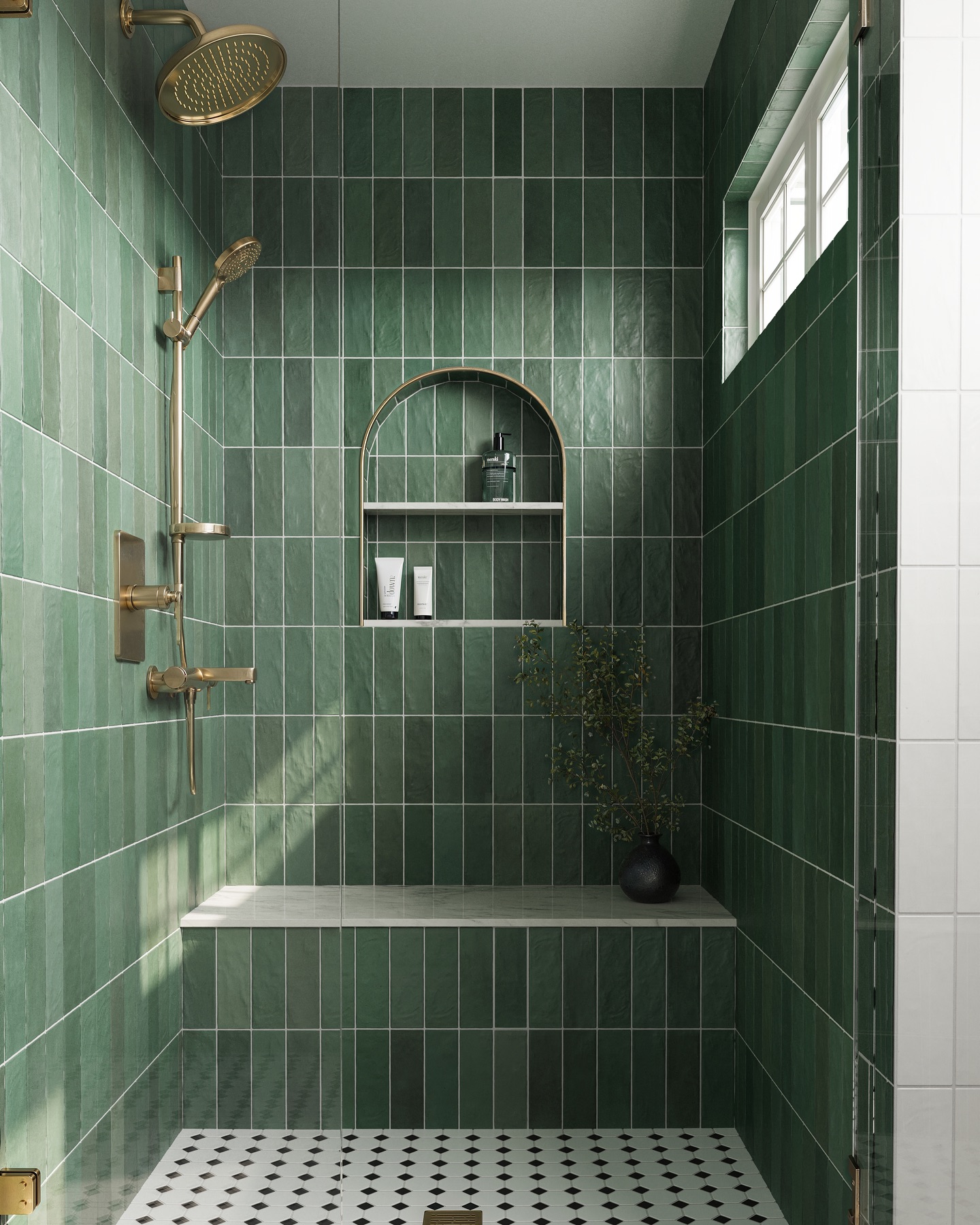 24. Emerald Oasis: Where Modern Meets Nature In a Luxe Shower Retreat