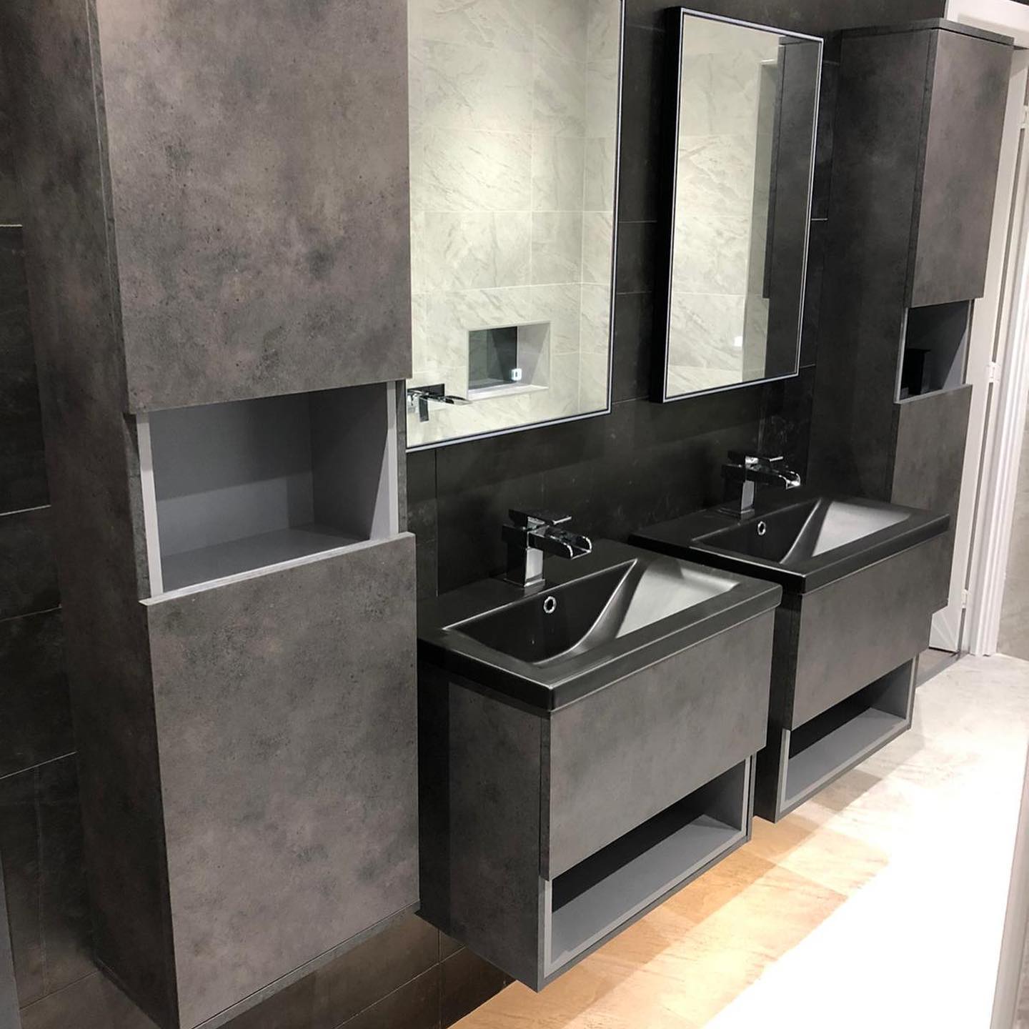 15. Urban Minimalism: a Bold Take on Double Sink Bathrooms
