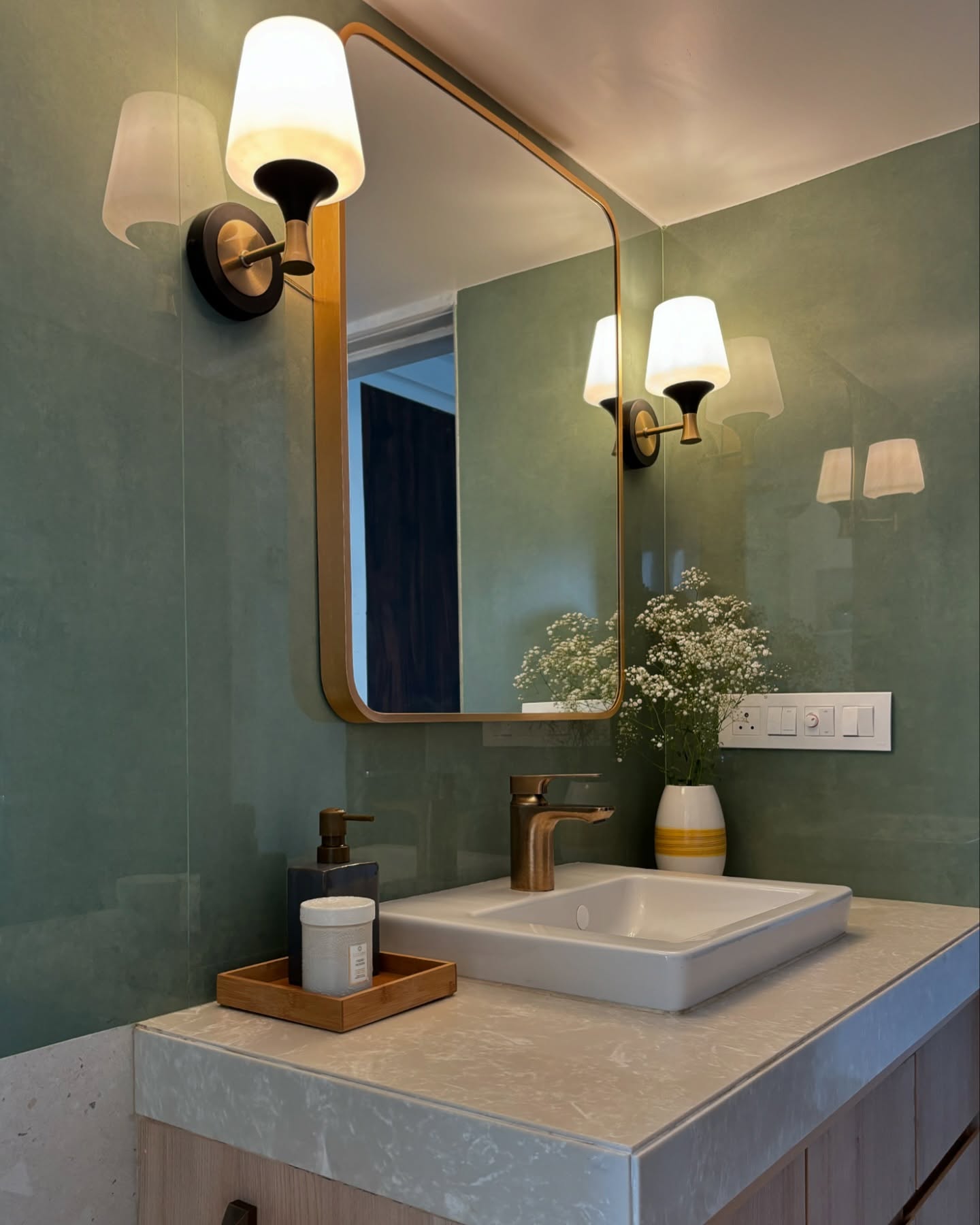 45. Glistening Elegance In Earthy Hues: a Modern Vanity Retreat