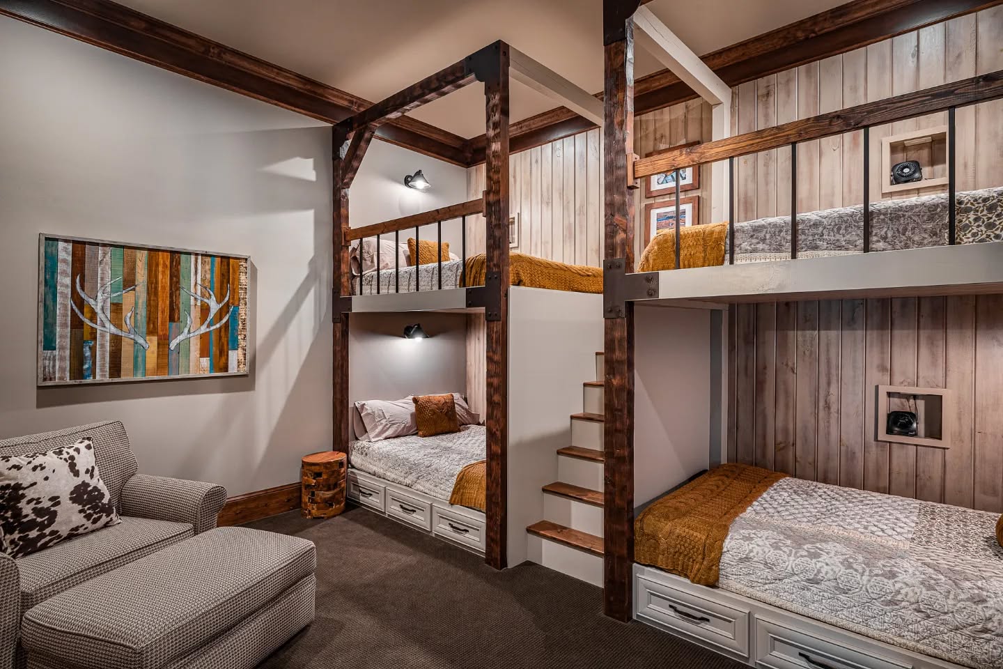 27. Lofted Rustic Retreat: Elevate Your Basement Bedroom with Bunk-style Comfort