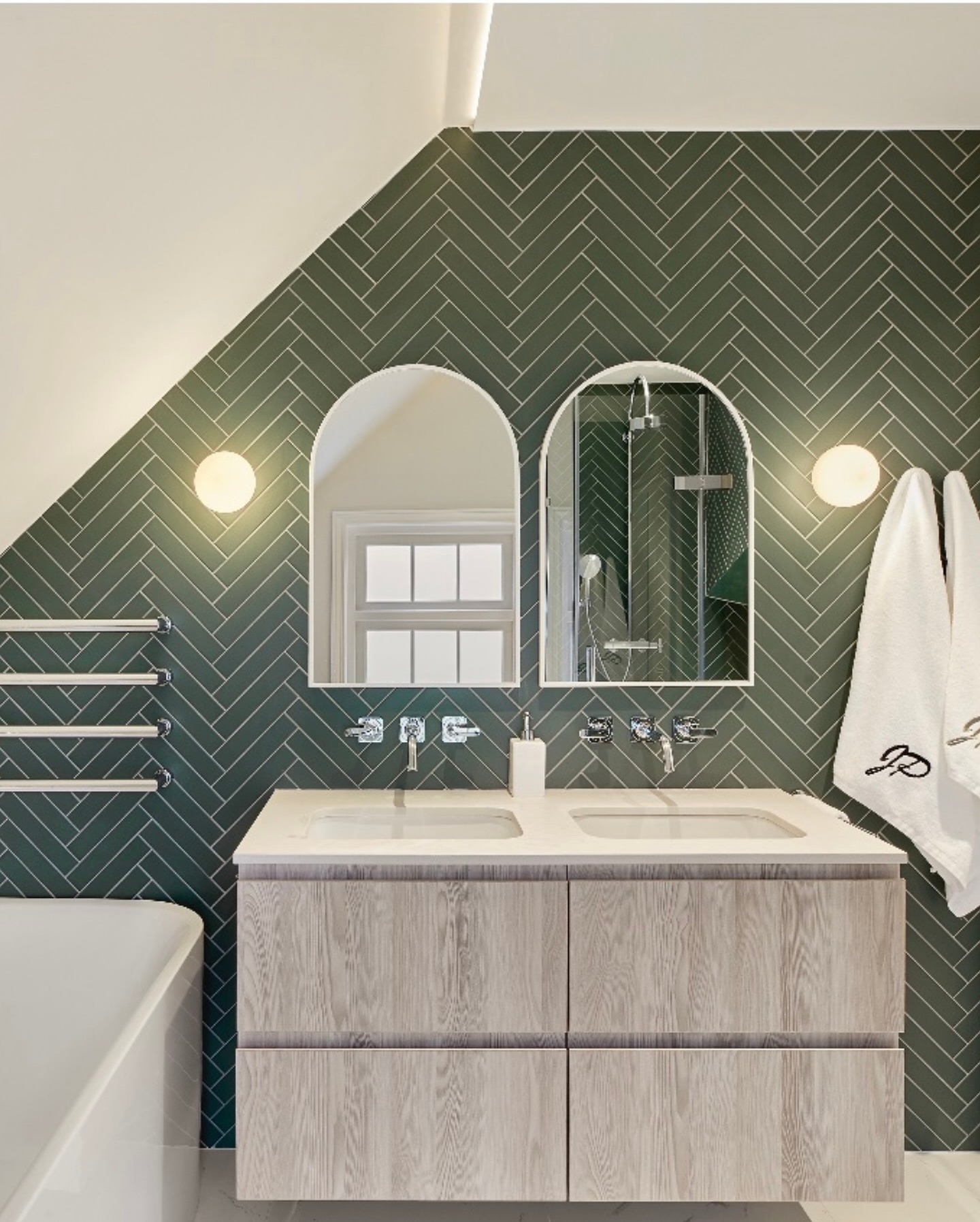 47. Harmonious Hues: a Modern Retreat with Herringbone Green Elegance