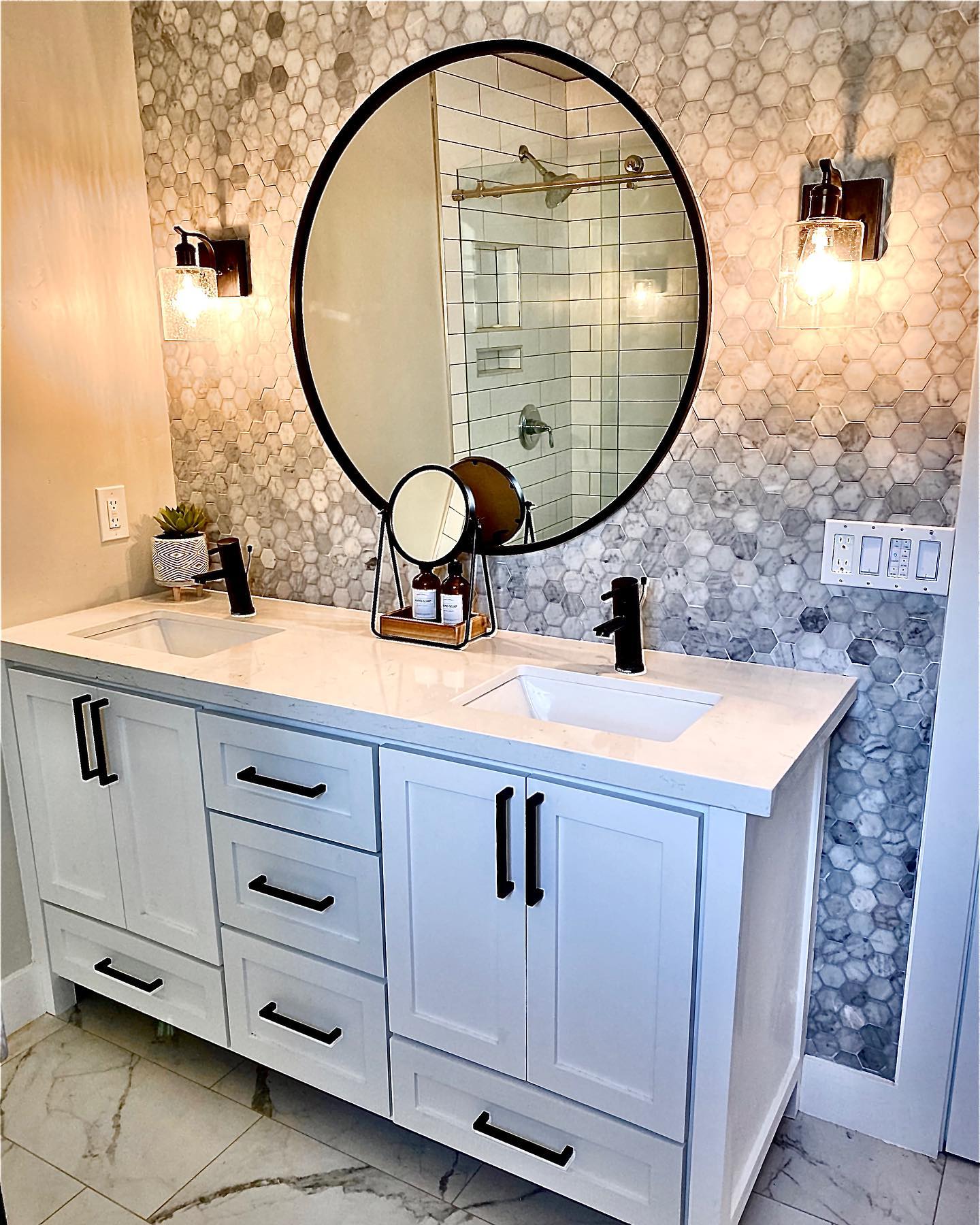 30. a Dance Of Hexagons: Elevating Soft Elegance In Bathroom Design