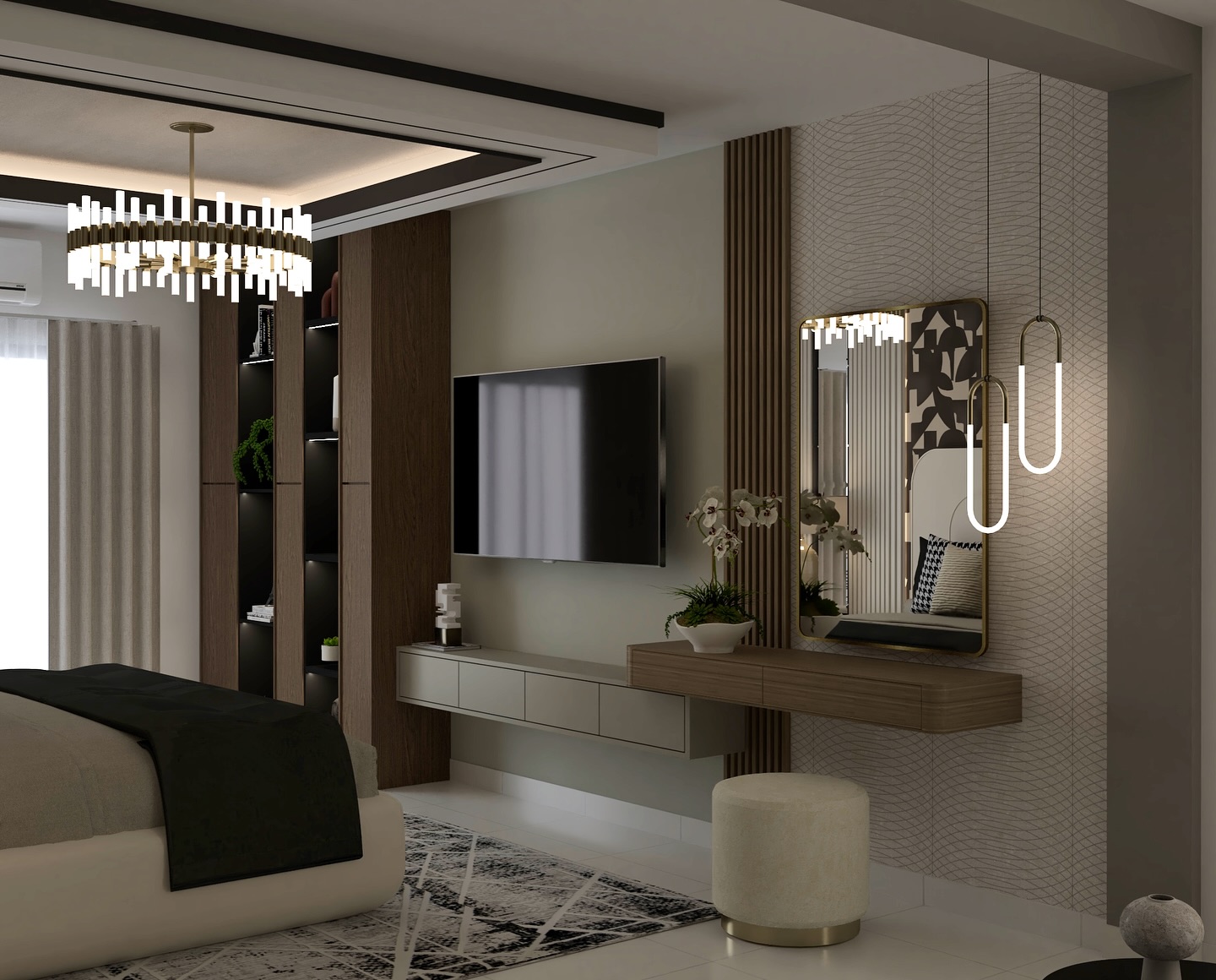 6. Moonlit Mirror with Gilded Curves Reflects Bedroom Elegance