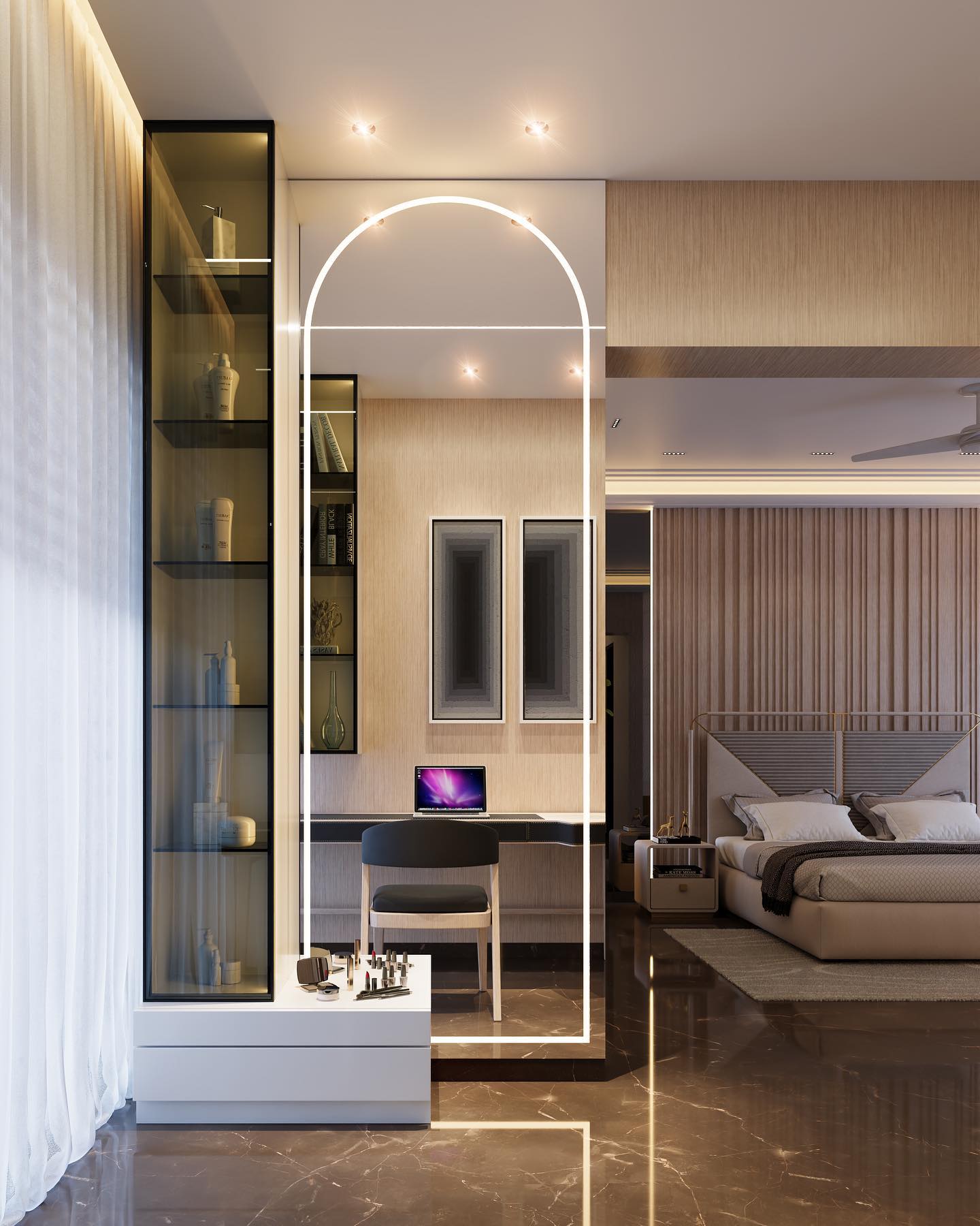 27. Moonlit Reflection: Crescent-shaped Mirror with Wooden Accents Over a Vintage Dresser