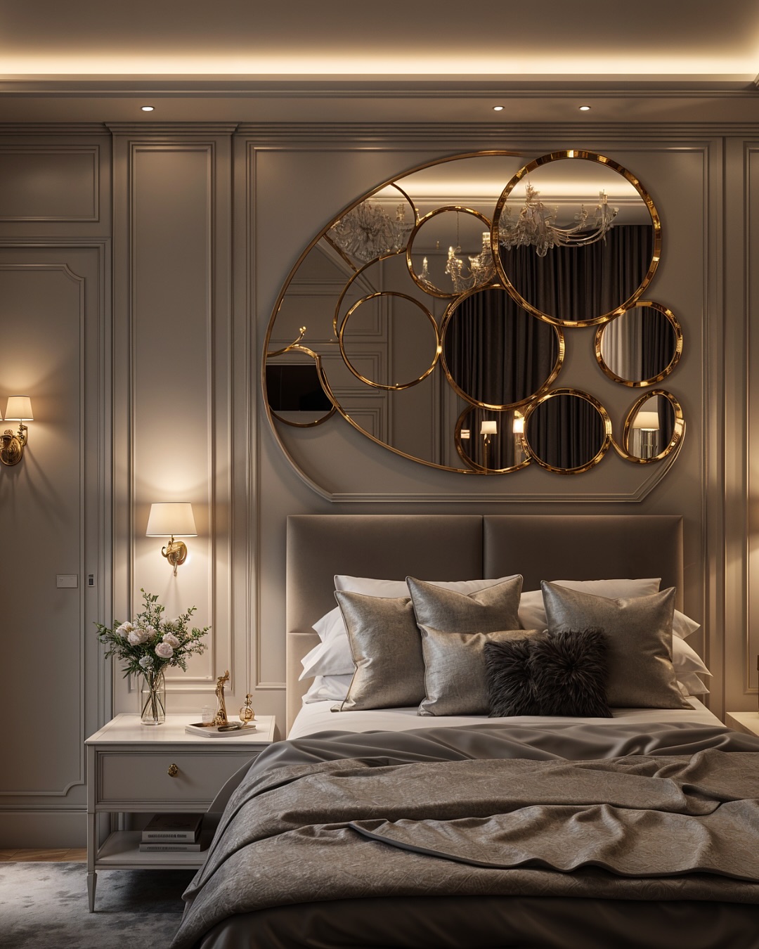 3. Velvet-covered Oval Mirror with Gold Accents Reflects Cozy Bedroom Charm