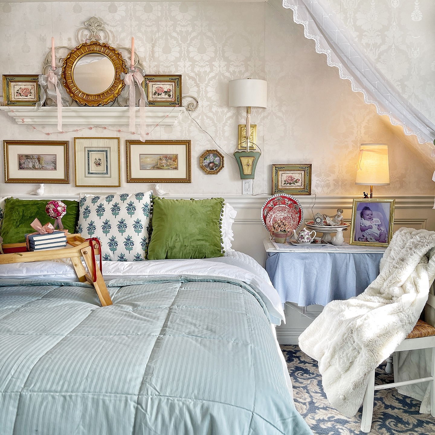 7. Vintage Charm with a Wicker Canopy Bed and Polka-dot Bedding