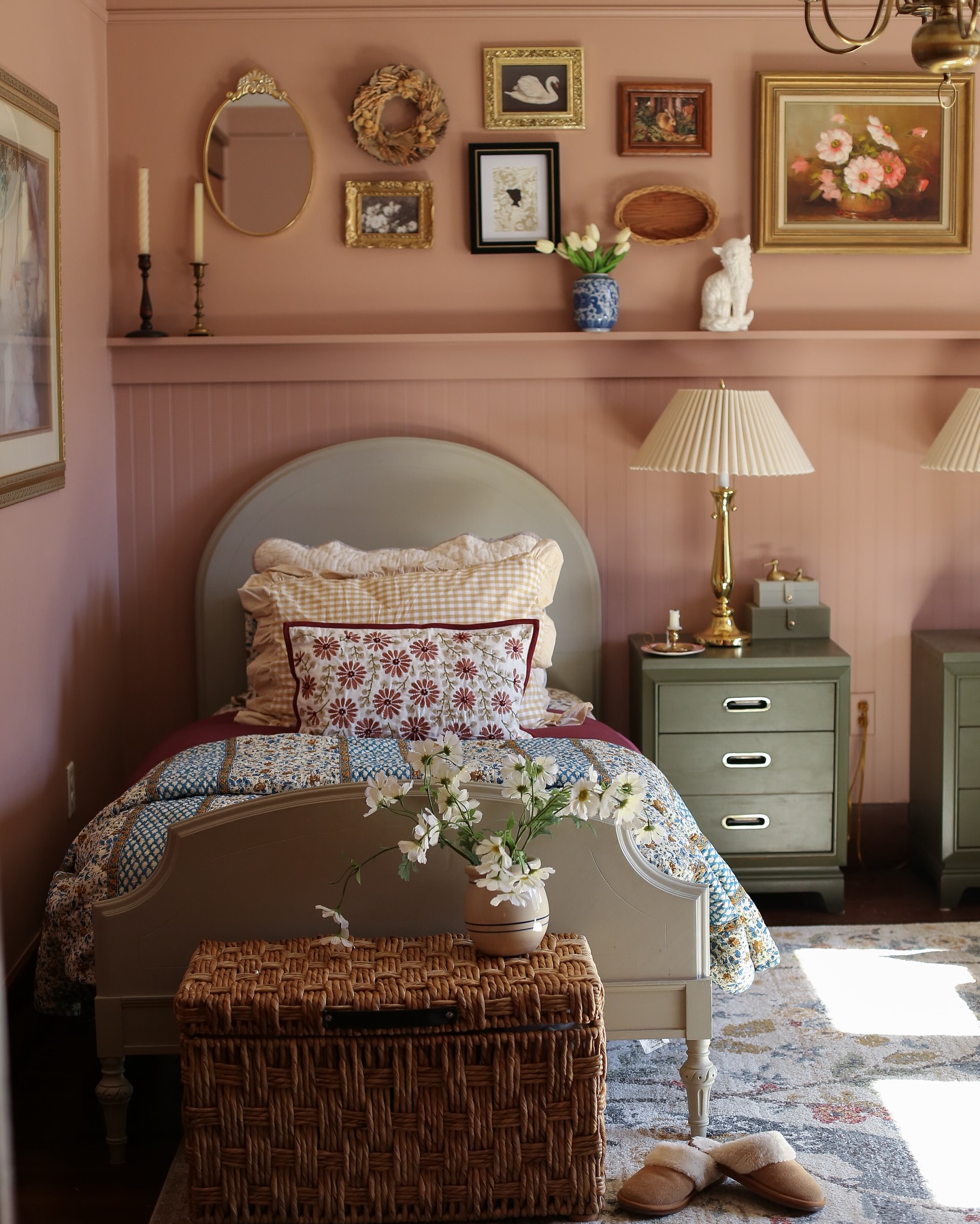 39. Vintage Rosewood Vanity with Gold Accents and Polka Dot Mirror