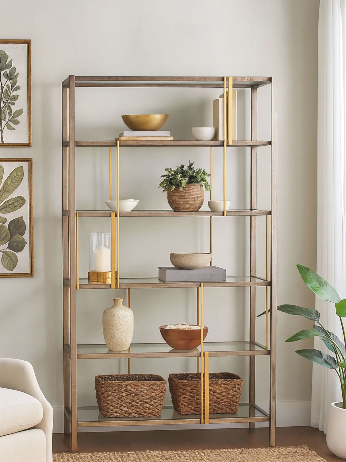 32. Golden Geometric Charm: a Modern Take on Living Room Shelving