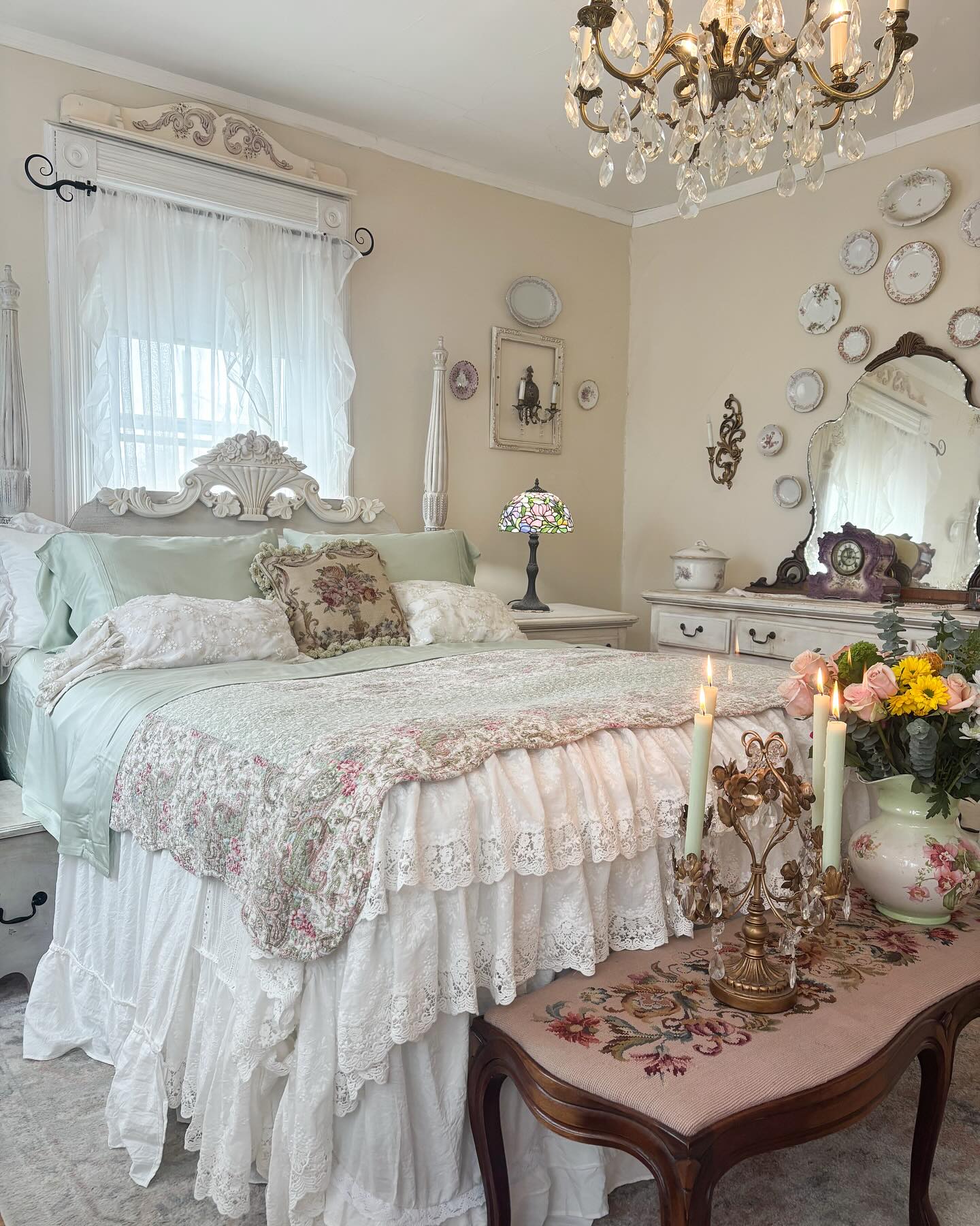 54. Vintage Bedroom with a Porcelain Doll and Antique Sewing Machine Accent