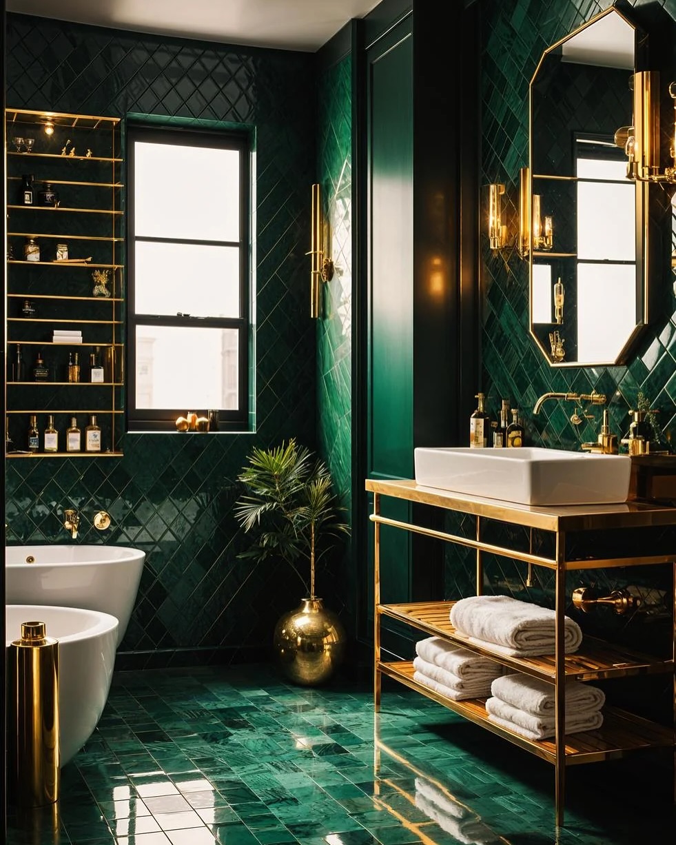 35. Emerald Enchantment: a Luxurious Bathroom Retreat