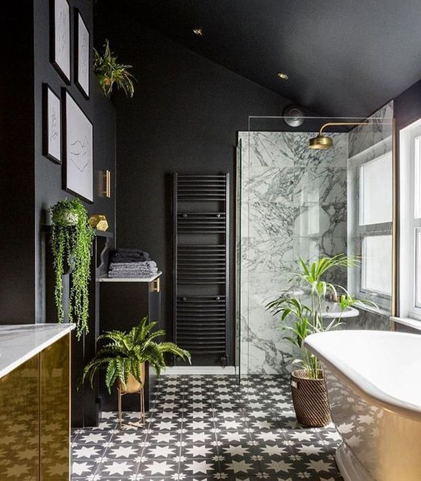 27. Luxe Noir Oasis: Where Dark Elegance Meets Botanical Serenity