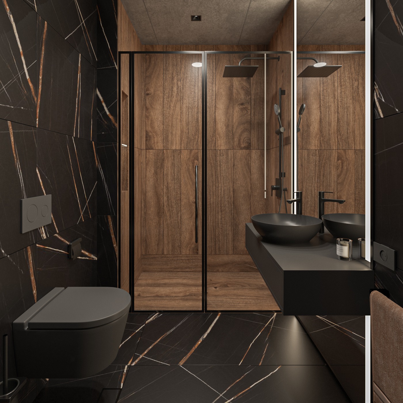20. Timber-infused Elegance: a Dark Bathroom Retreat