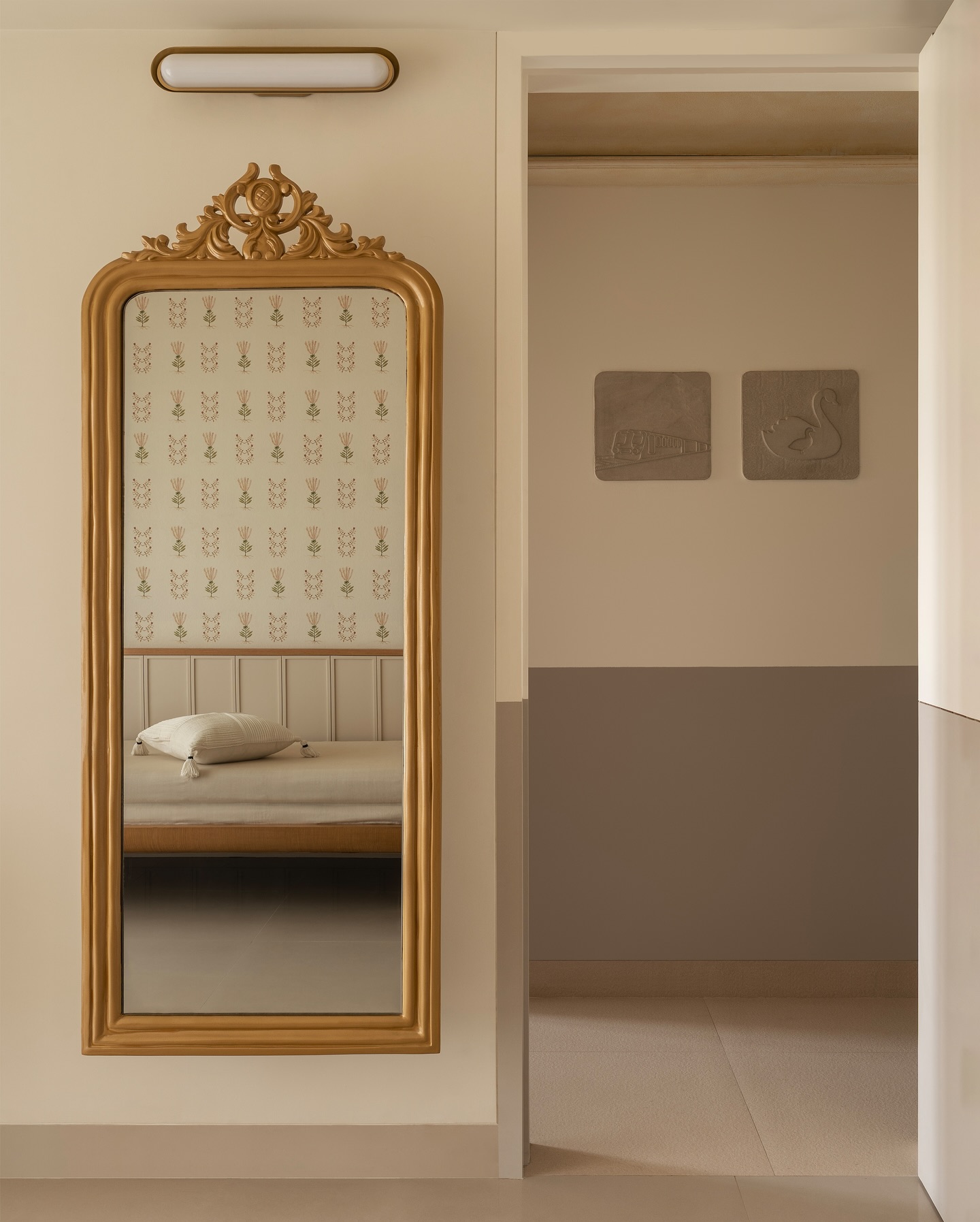 23. Velvet Curtains and Gold-trimmed Mirror: a Regal Reflection