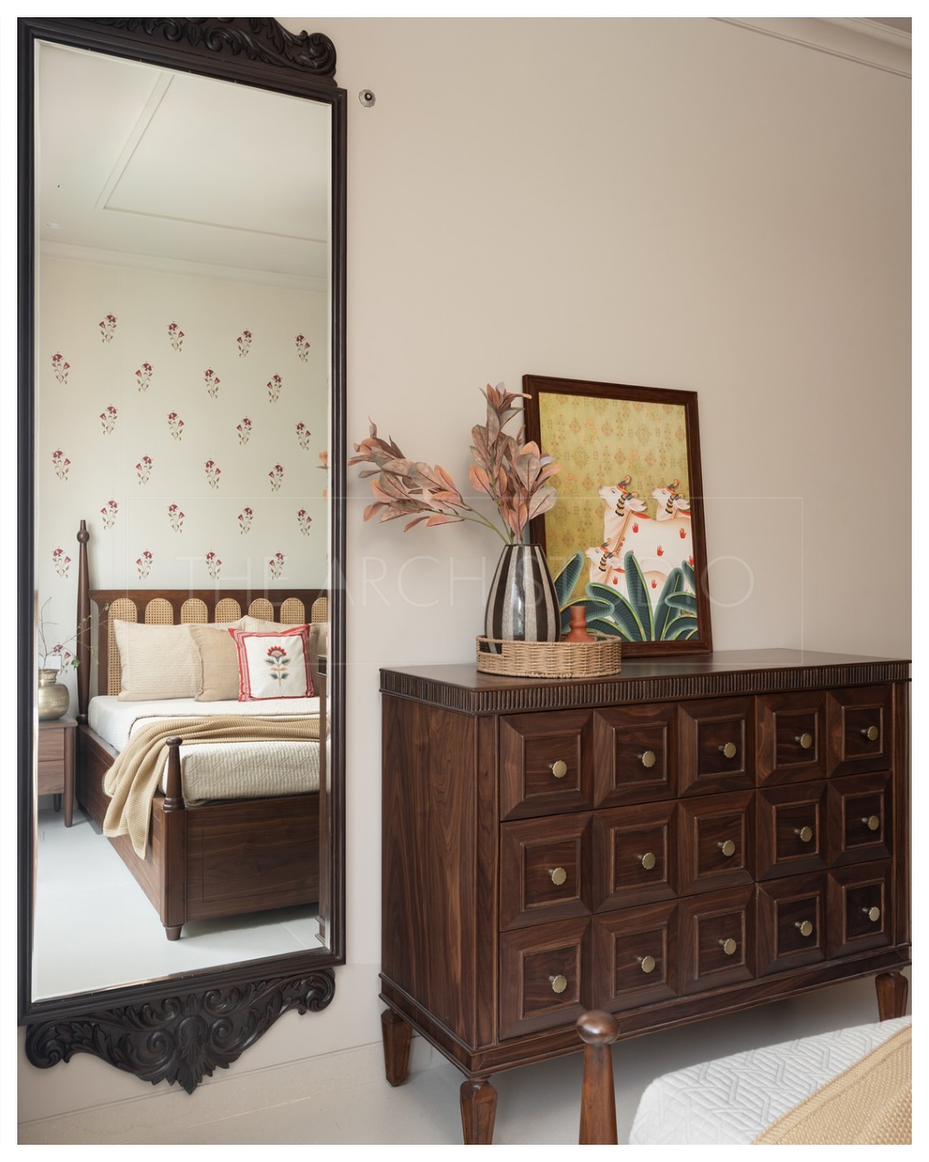 20. Regal Arched Mirror with Gold Filigree Over Wooden Console