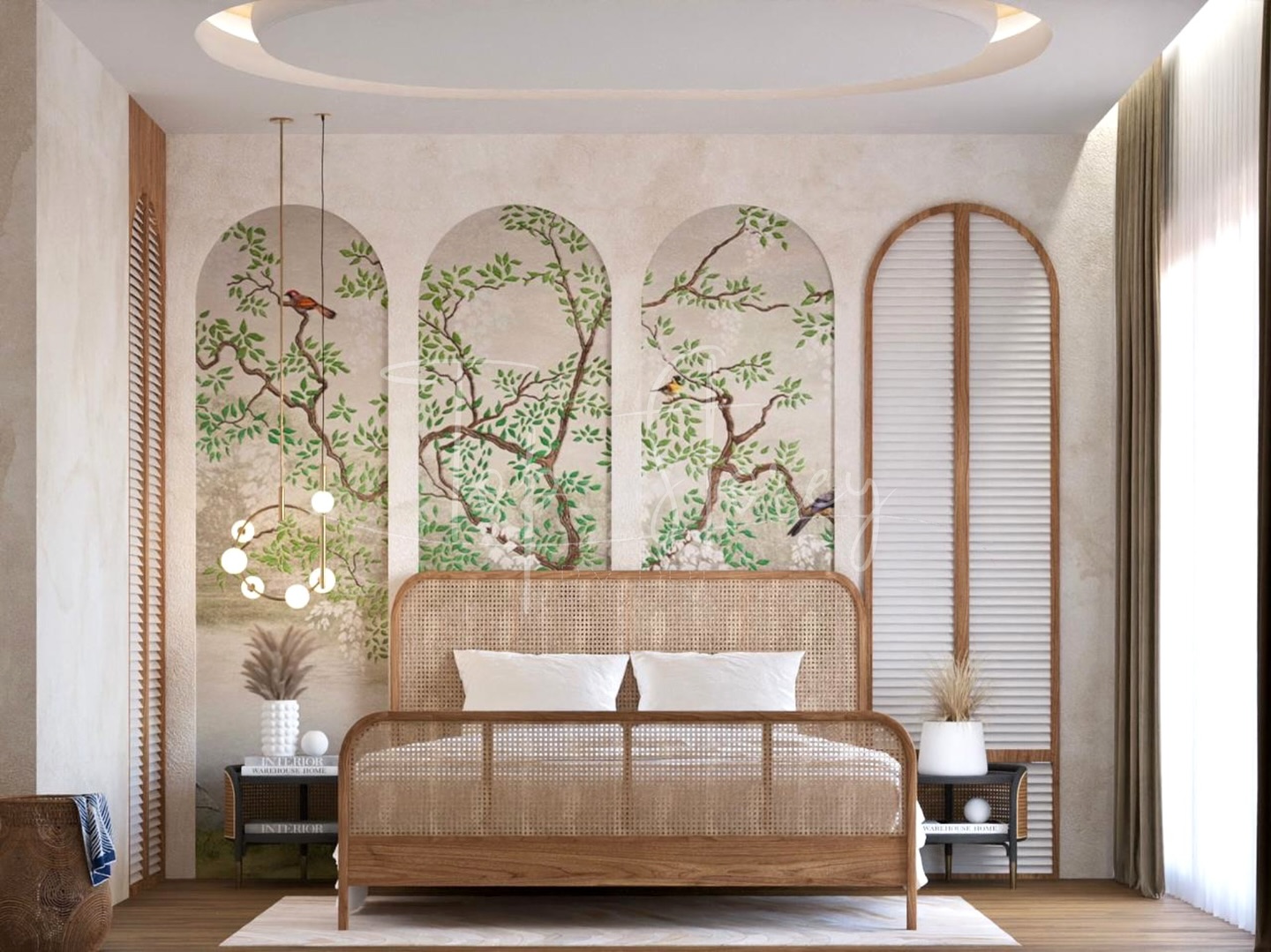 45. Vintage Velvet Canopy Bed with Gold Accents and Floral Wallpaper