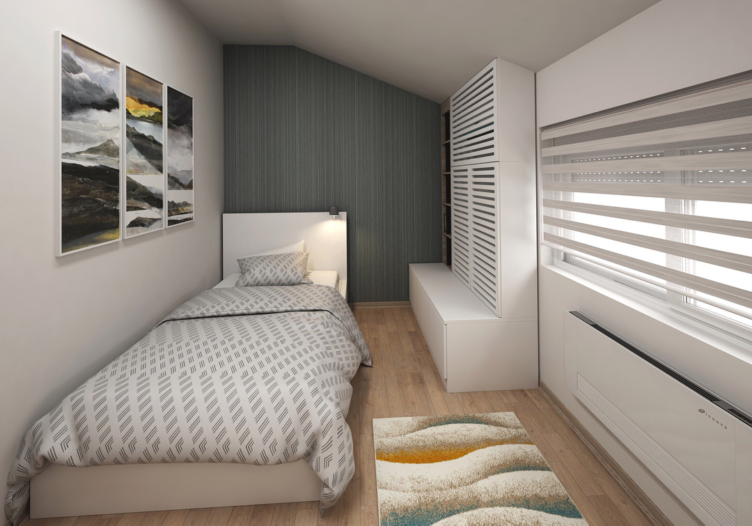 57. Moonlit Serenity: a Single Bed with a Floating Nightstand and Starry Wall Art