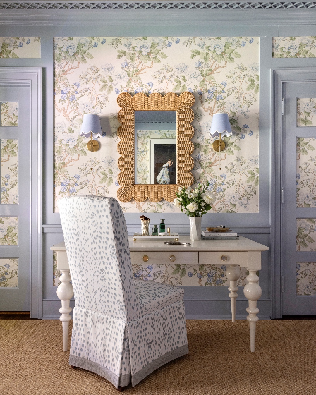 21. a Gleaming Crescent Moon Mirror Above a Vintage Suitcase Nightstand