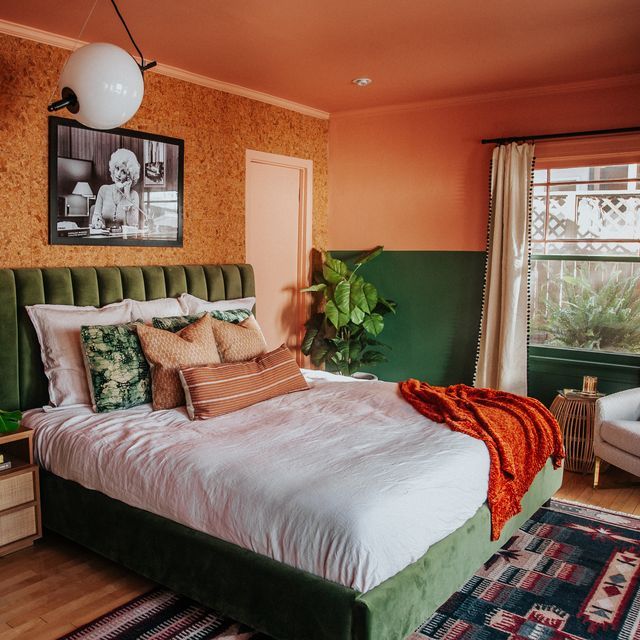 38. a Brass Bed Frame Embraced by Rose-patterned Walls and a Dandelion Yellow Armchair