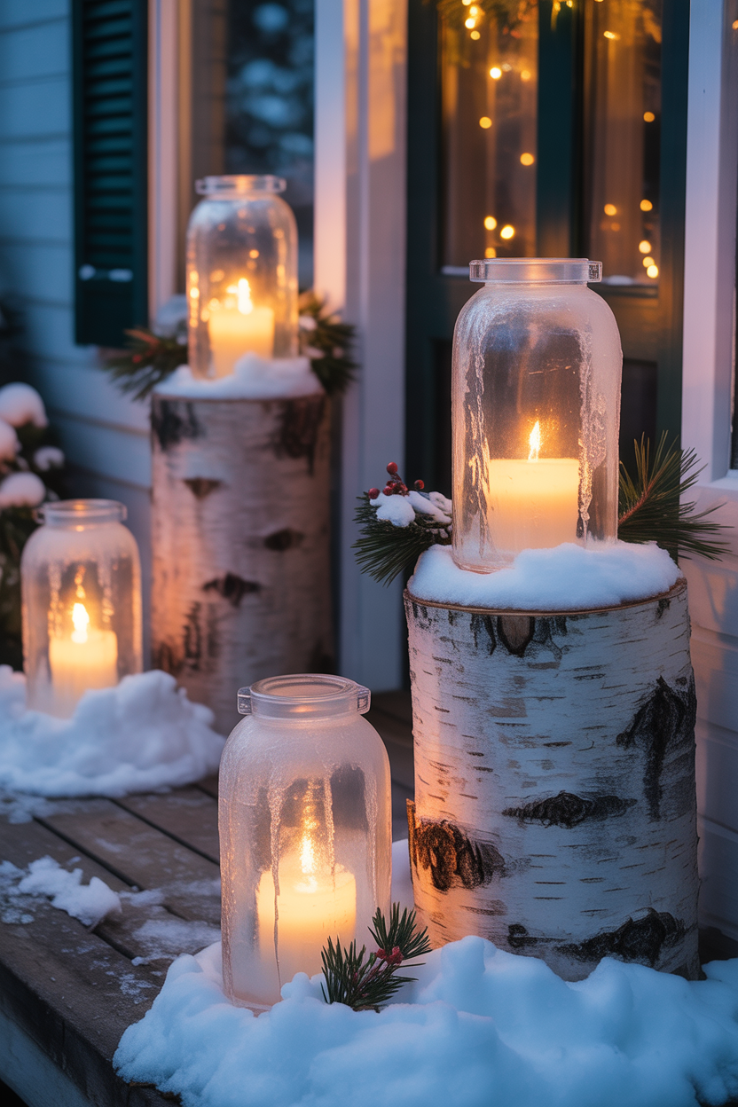 Icy Candle Lanterns with Birch Log Stand