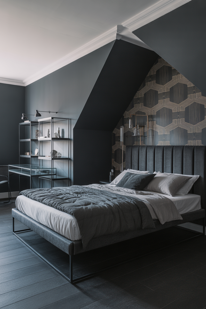 Contemporary Attic Bedroom with Dark Accents