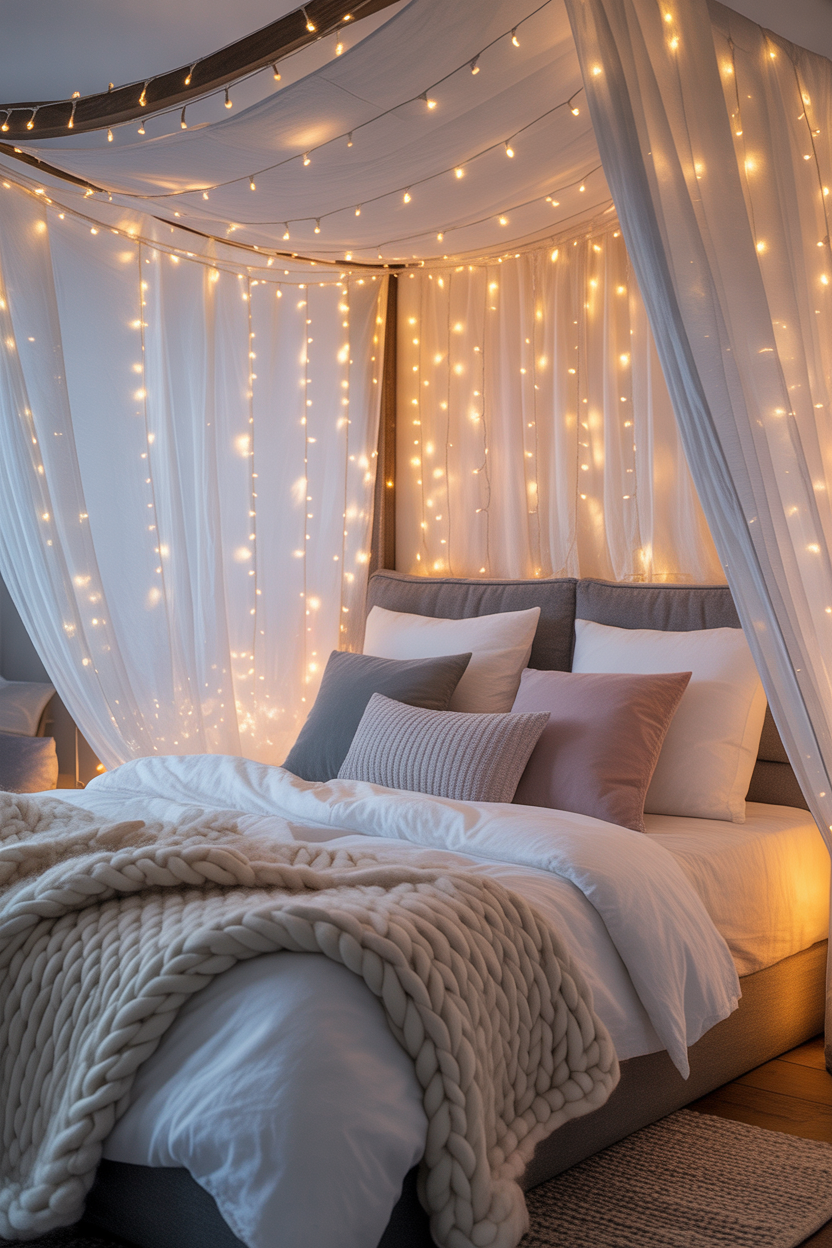 Fairy Light Canopy Over the Bed