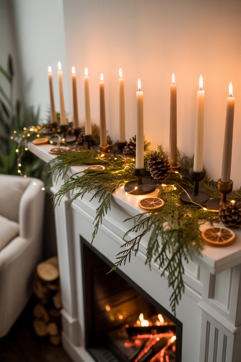 Candlelit Mantel with Natural Elements