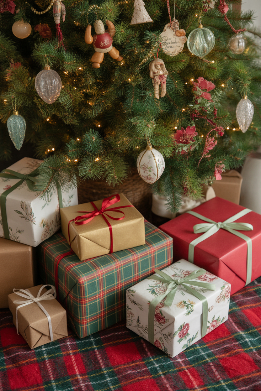 Vintage Christmas Tree Skirt and Gifts