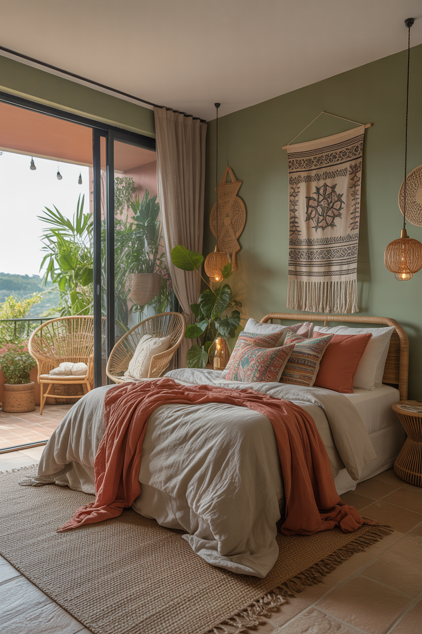 Sage Green Boho Balcony Bedroom