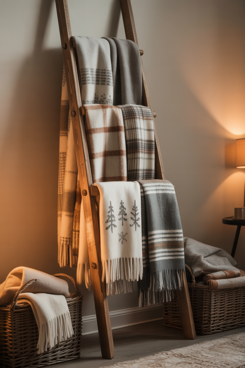 Wooden Ladder with Cozy Blankets
