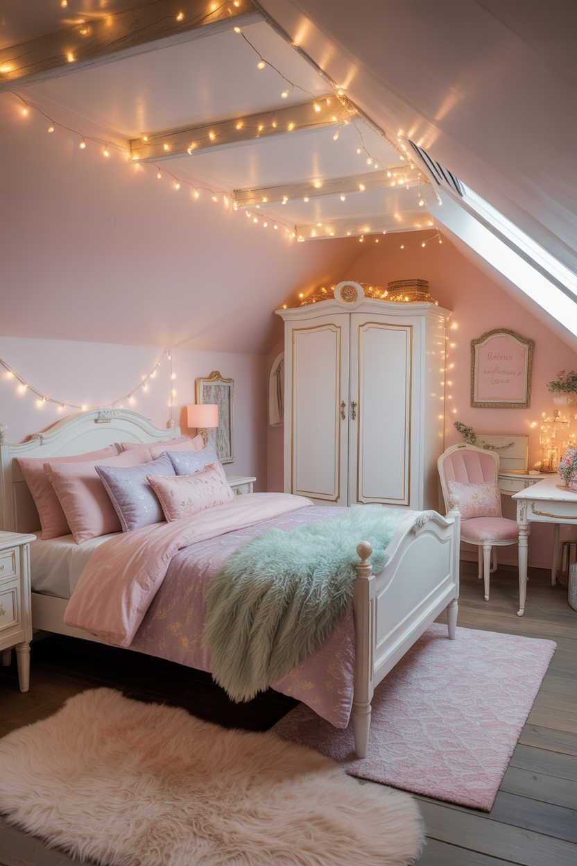 Whimsical Attic Bedroom with Fairy Lights