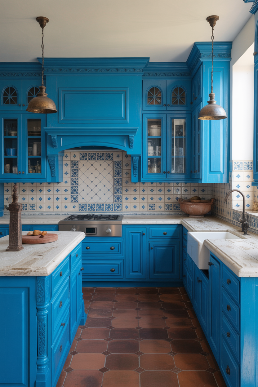 Blue and White Mediterranean Revival Kitchen
