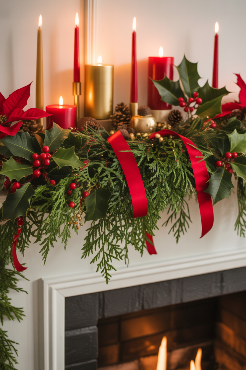 Christmas Fireplace Mantel with Greenery