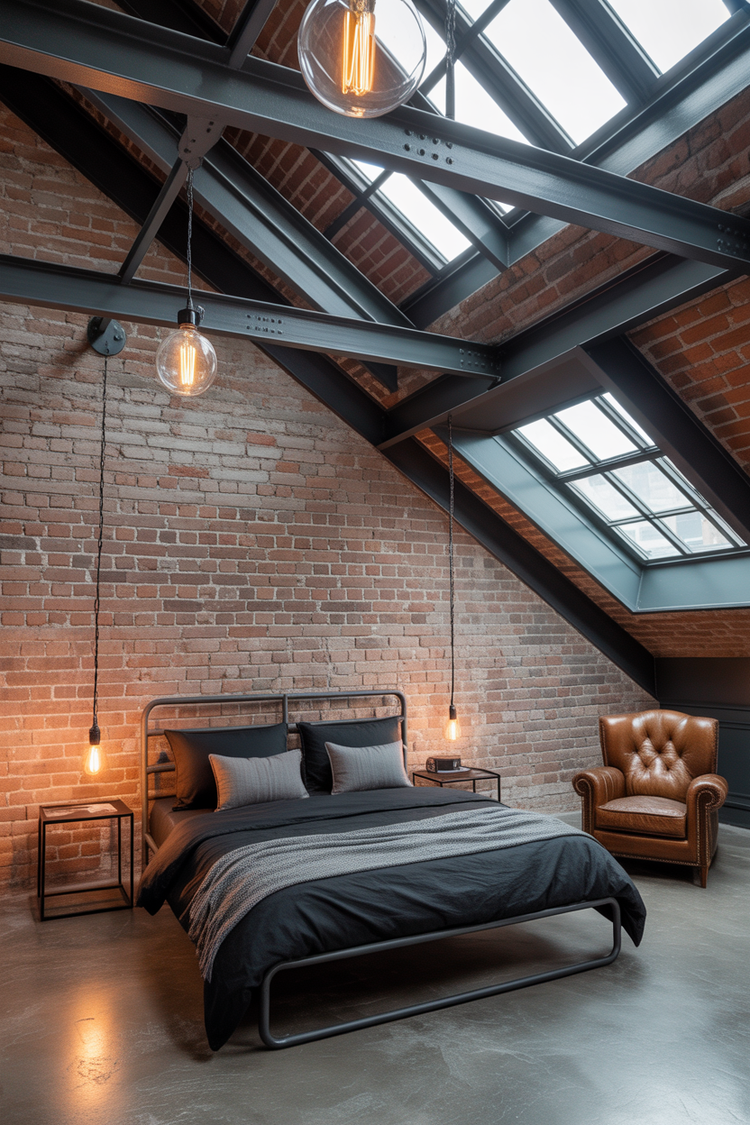 Industrial Attic Bedroom with Exposed Brick
