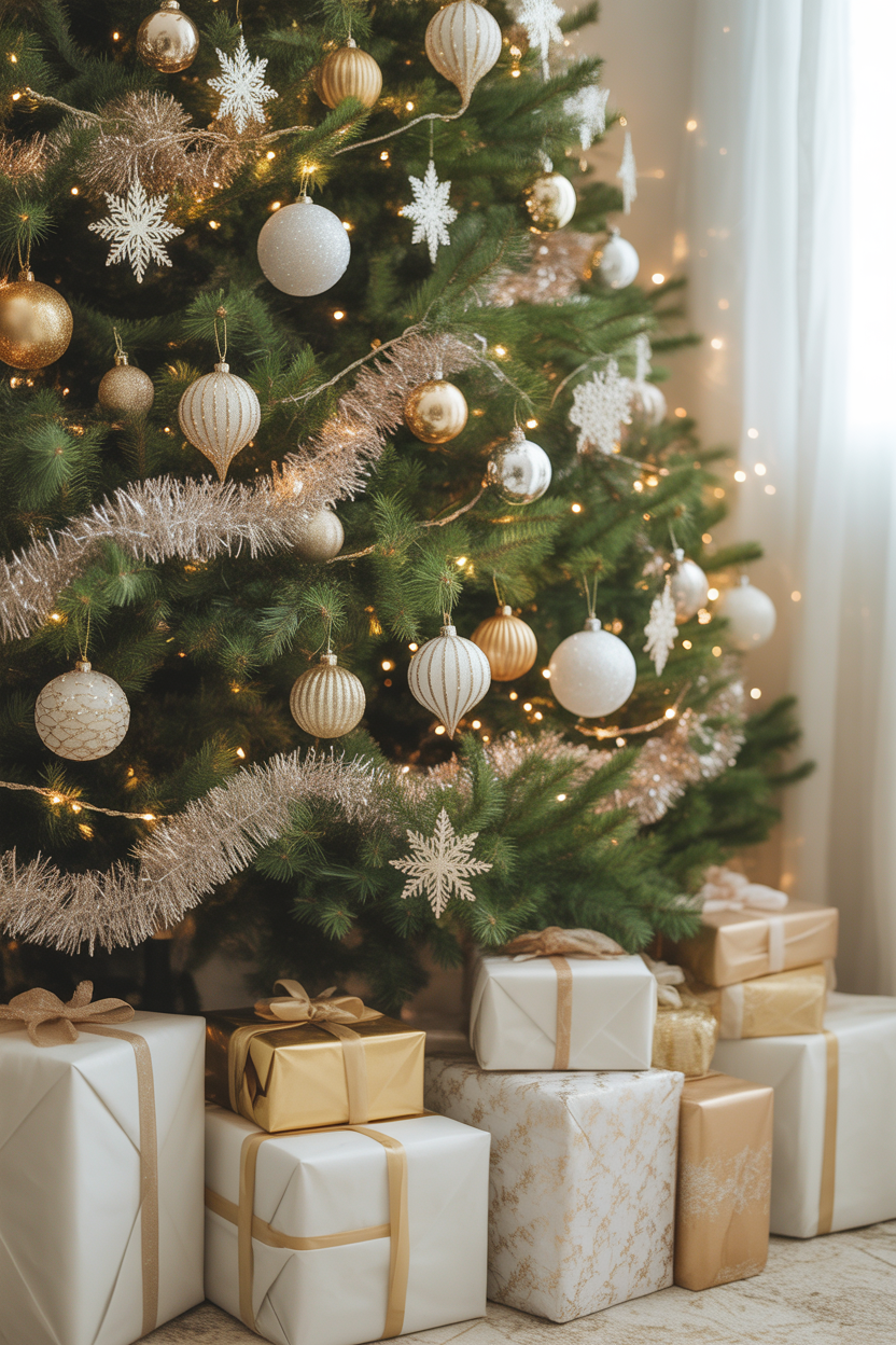 Christmas Tree with Gold and White Ornaments