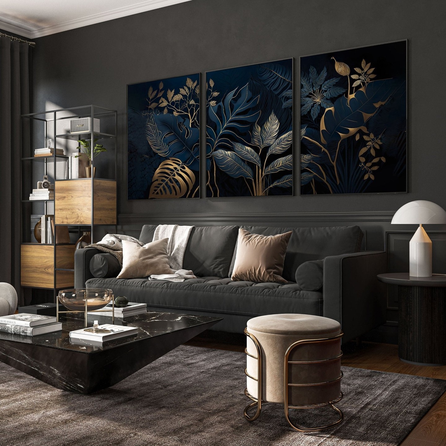 13. Vibrant Geometric Symphony with Teal Accents and Potted Plant