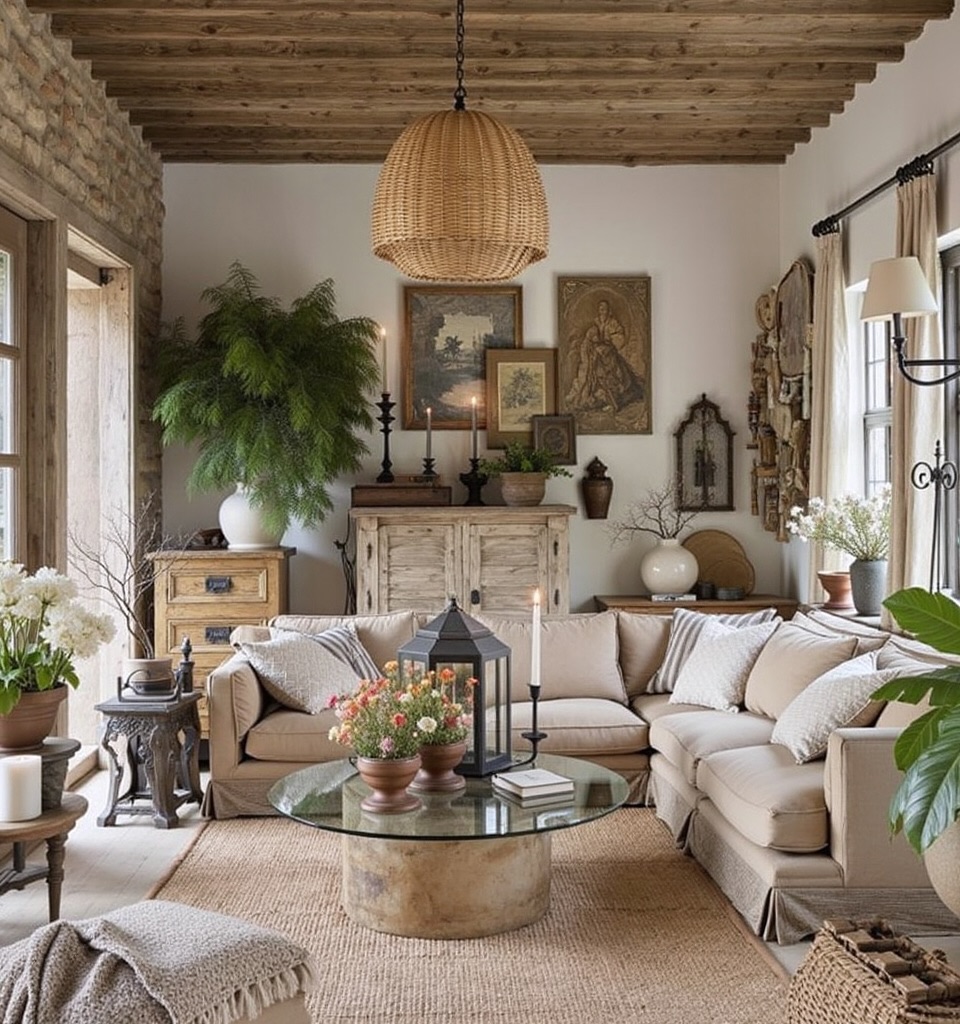 6. Sunlit Serenity with Vintage Charm: Exposed Brick and Woven Textures In Farmhouse Living