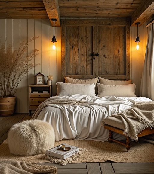 25. Distressed Wood Headboard with Woven Basket Nightstands and Vintage Lantern Accents