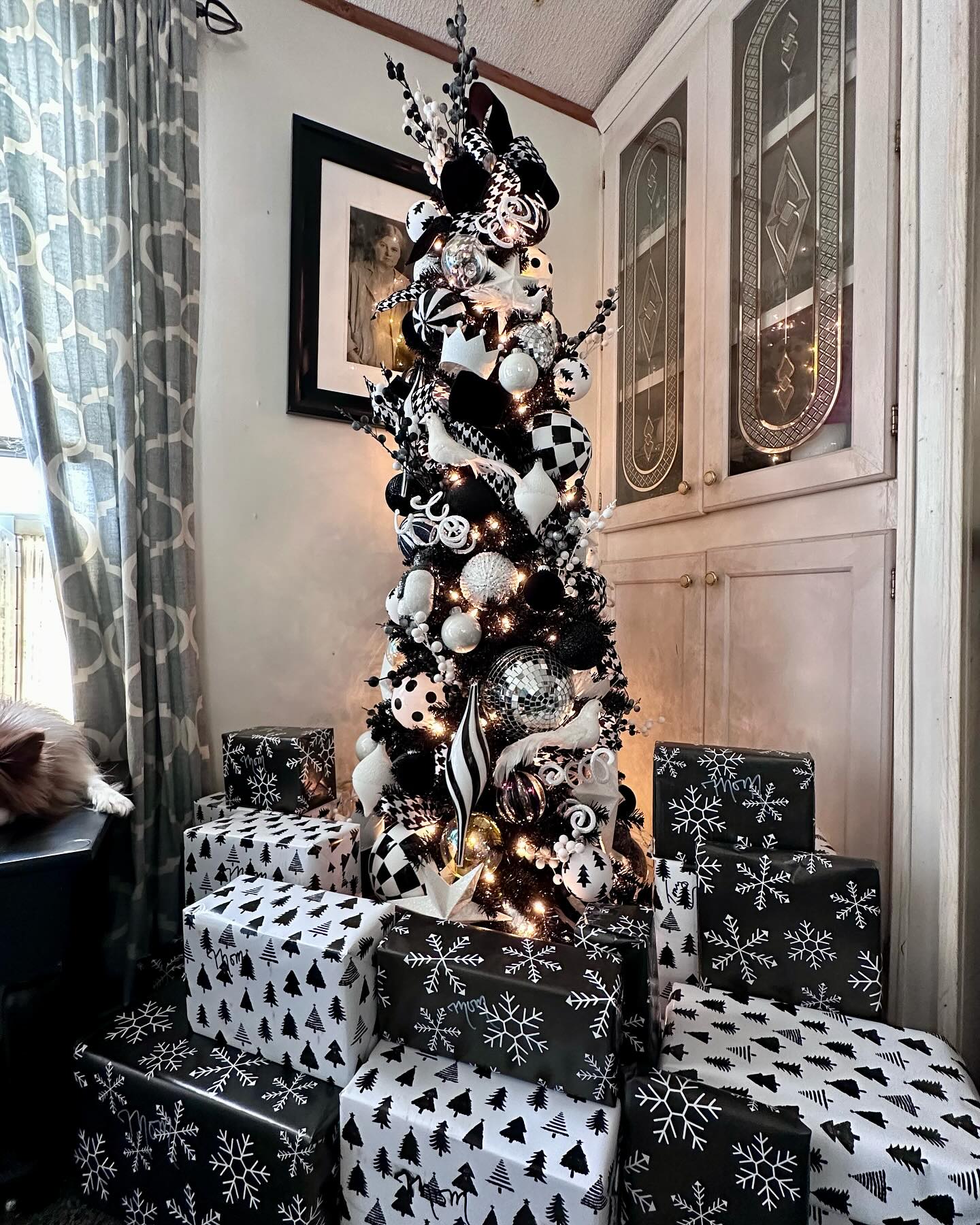 21. Snowflake Shadowed Pinecones and Ribbon Garland on Vintage Mantelpiece