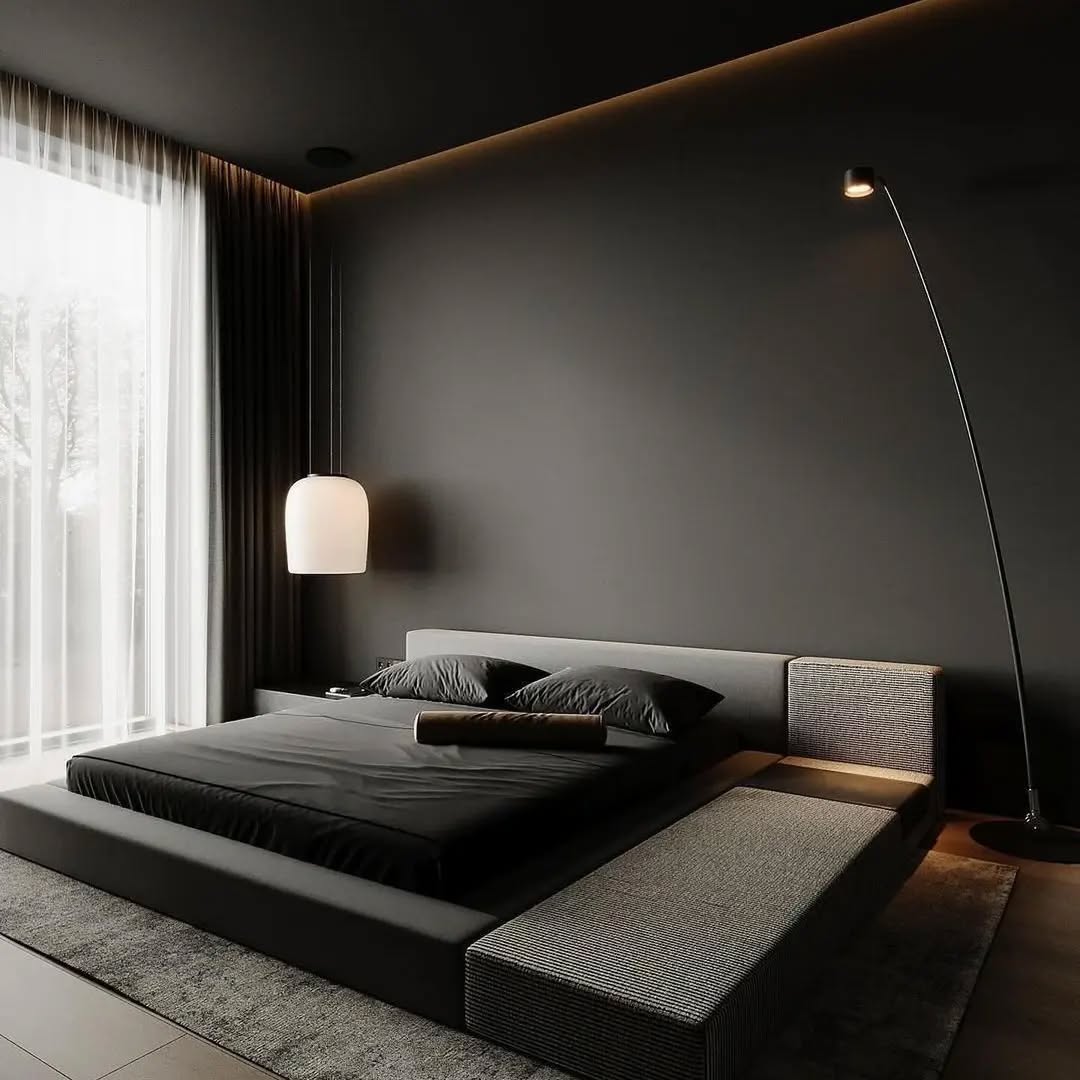 10. Midnight Velvet Canopy: a Black Bedroom with Draped Elegance and Starry Accents