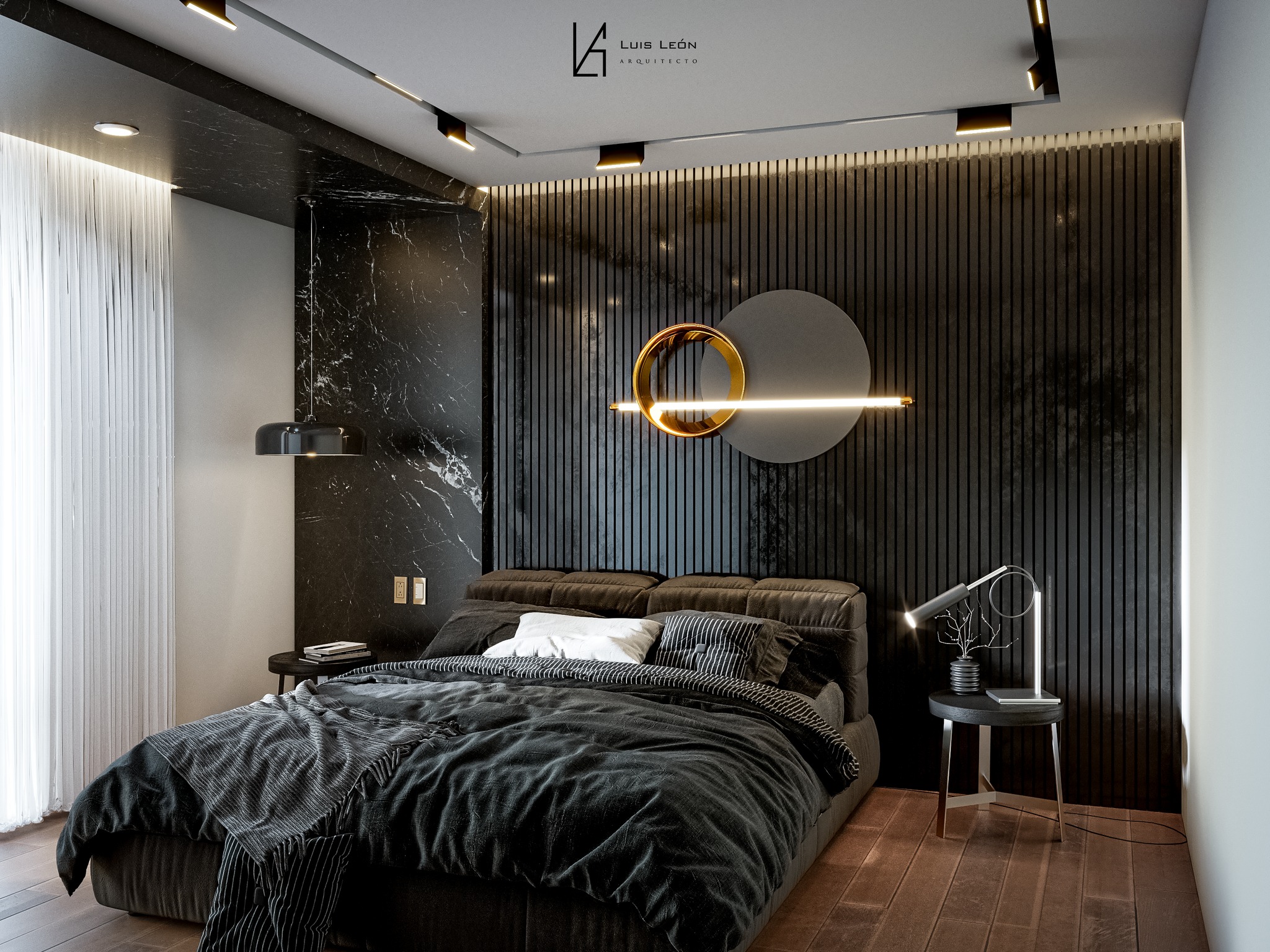 8. Midnight Velvet Canopy: a Black Bedroom with Gossamer Drapes and Starlit Accents