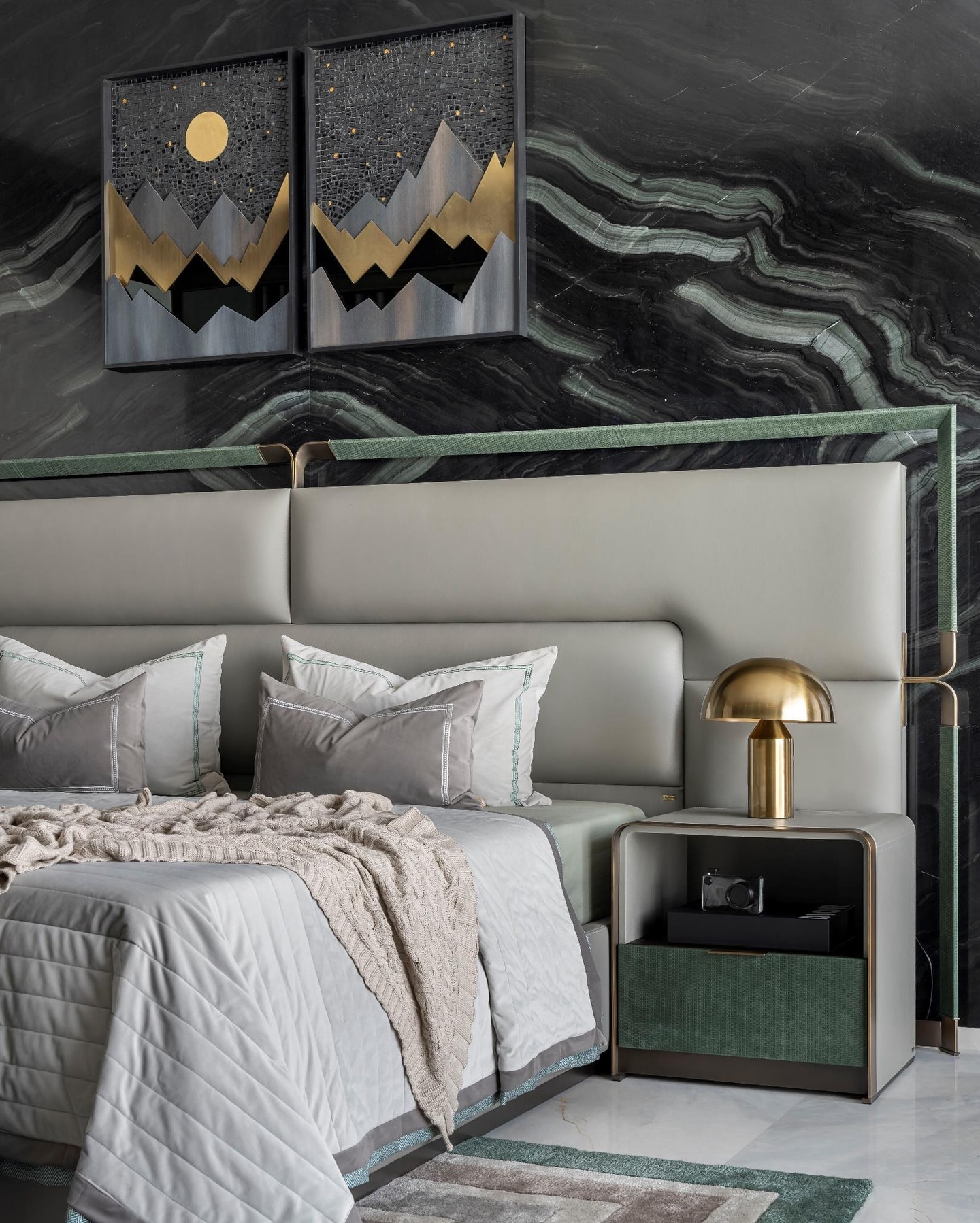 19. Moonlit Serenity: Silver Accents and Velvet Canopy Over a Plush Bed