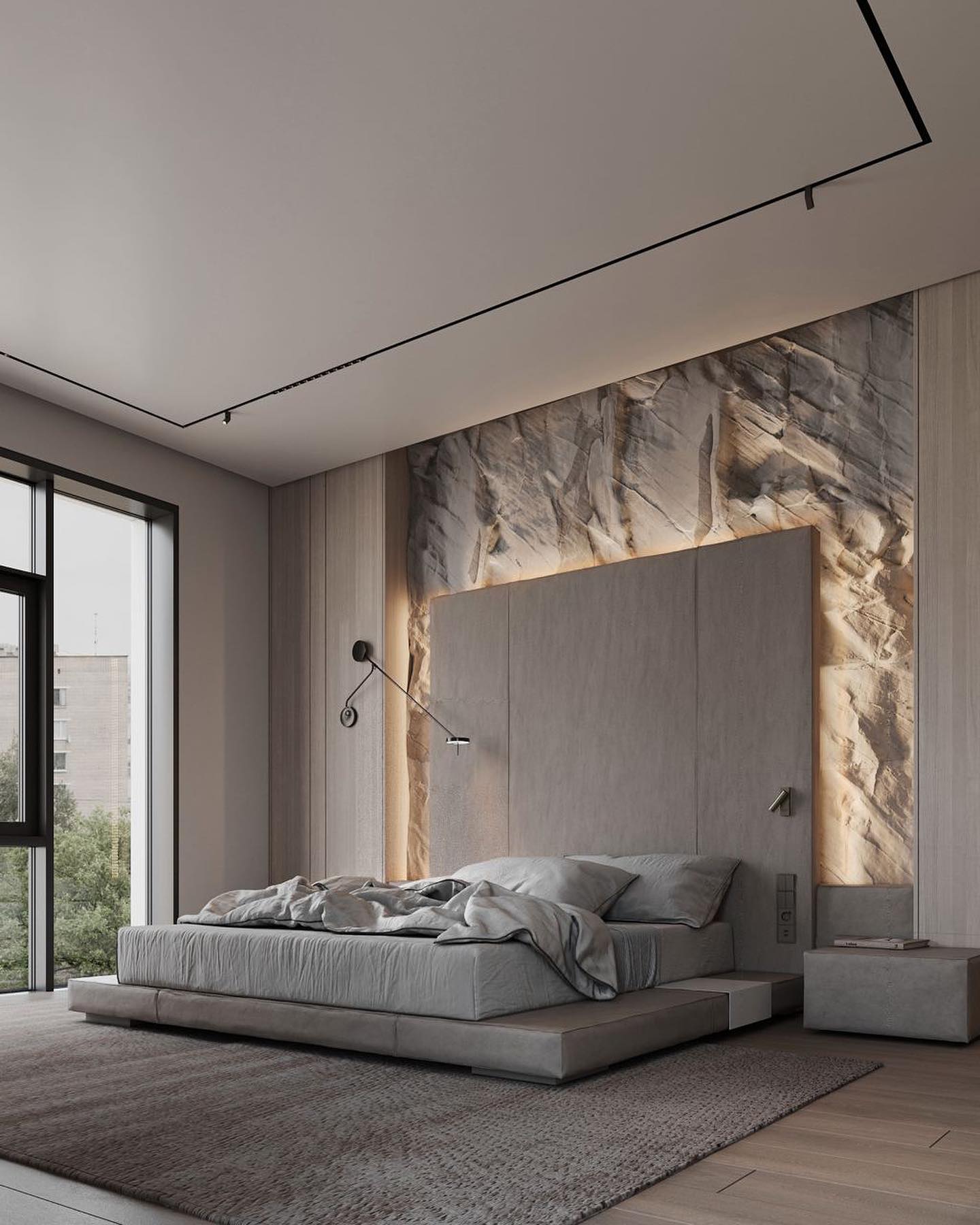 42. Moonlit Serenity: the Charcoal and Silver Accent Wall Bedroom