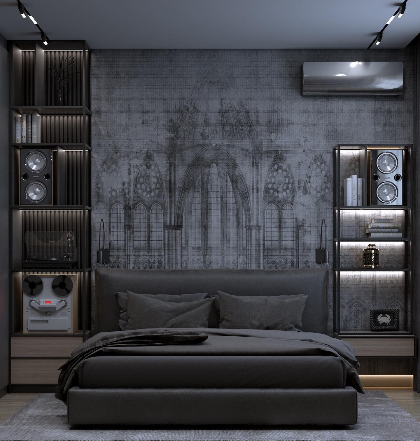 15. Midnight Blue Accent Wall and Industrial Loft Fusion for the Modern Gentleman