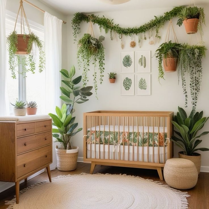 6. Sage Green Cradle with Whimsical Mushroom Mobile and Delicate Lace Curtains