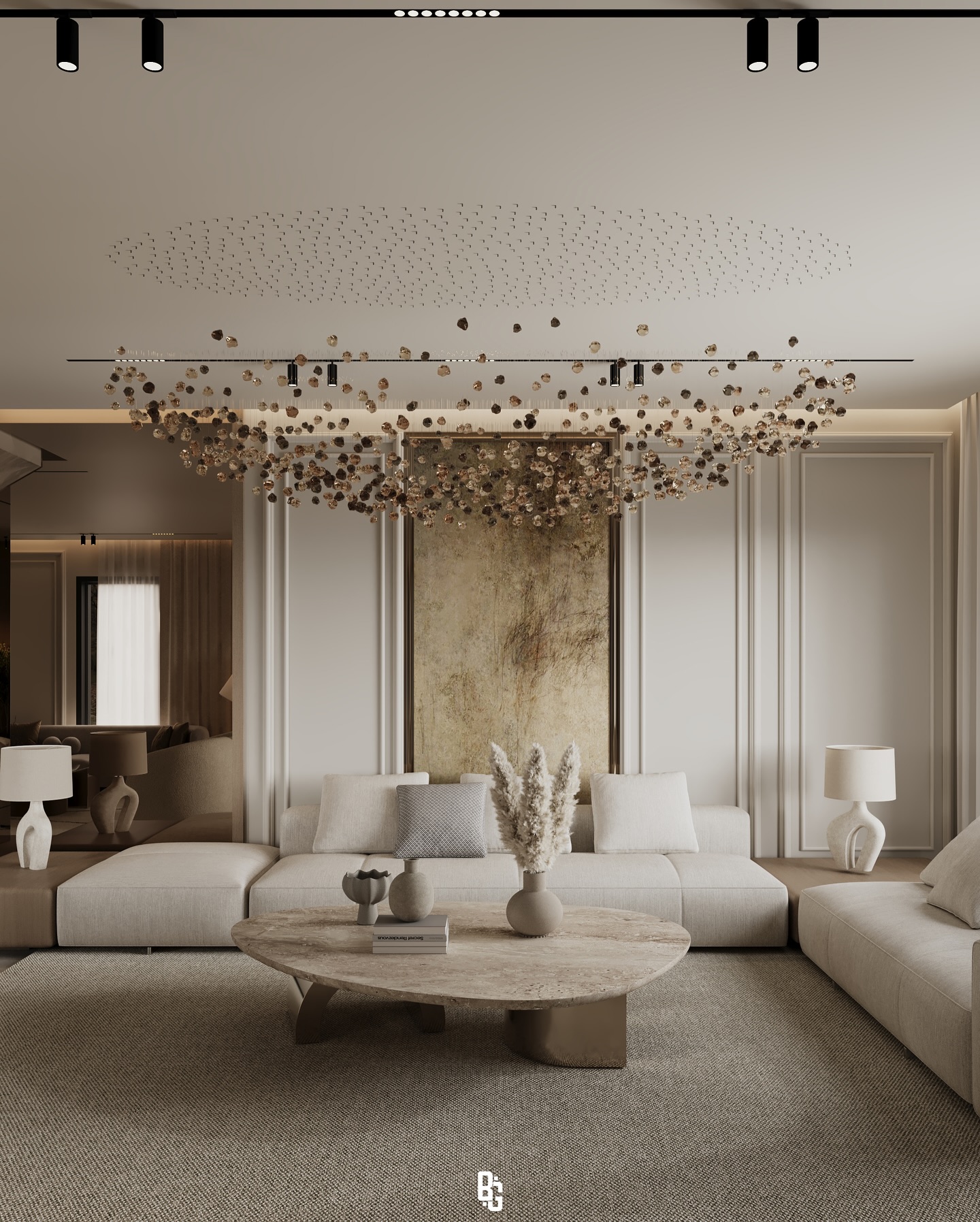 23. Honeycomb Hexagon Shelves and Indigo Velvet Sofa Create a Cosmic Living Space